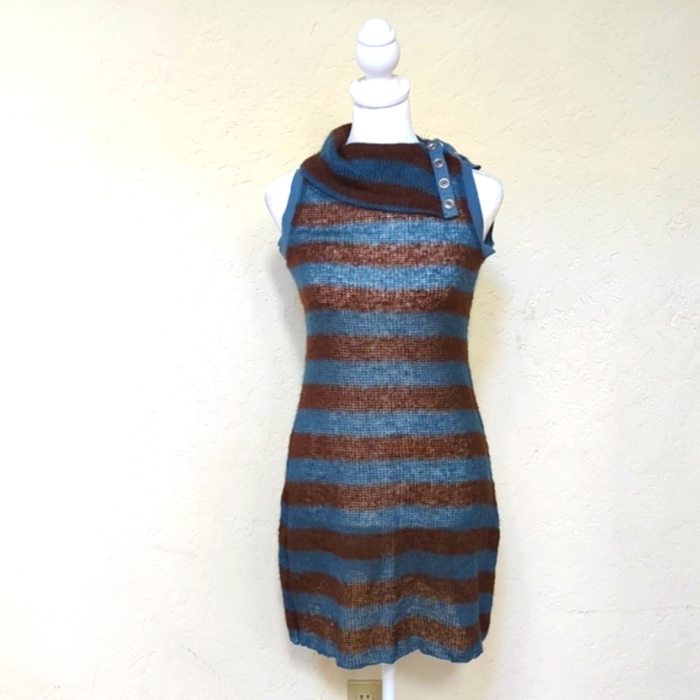 RARE Vintage Free People Blue Sleeveless Knit Turtleneck Tunic Sweater Size XS
